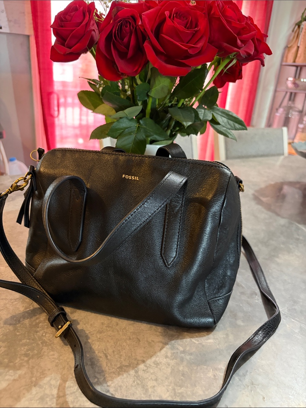Fossil Black Leather Satchel with Gold Hardware